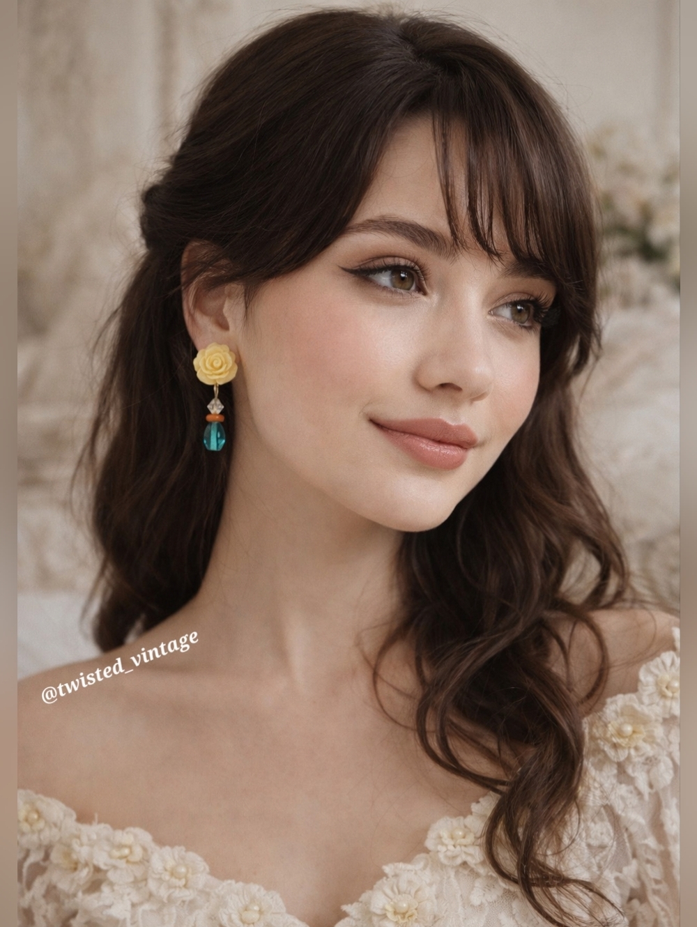Handmade Rose Flower Beaded Dangle Drop Earrings in Pale Yellow and Turquoise